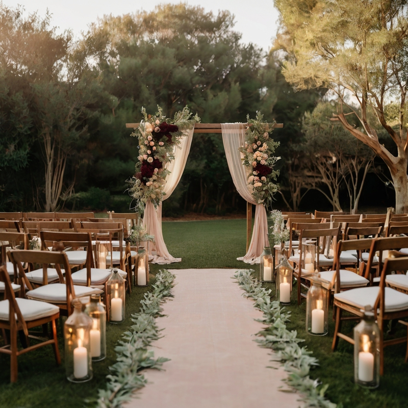 An outdoor garden ceremony beneath a flower-covered wedding arch