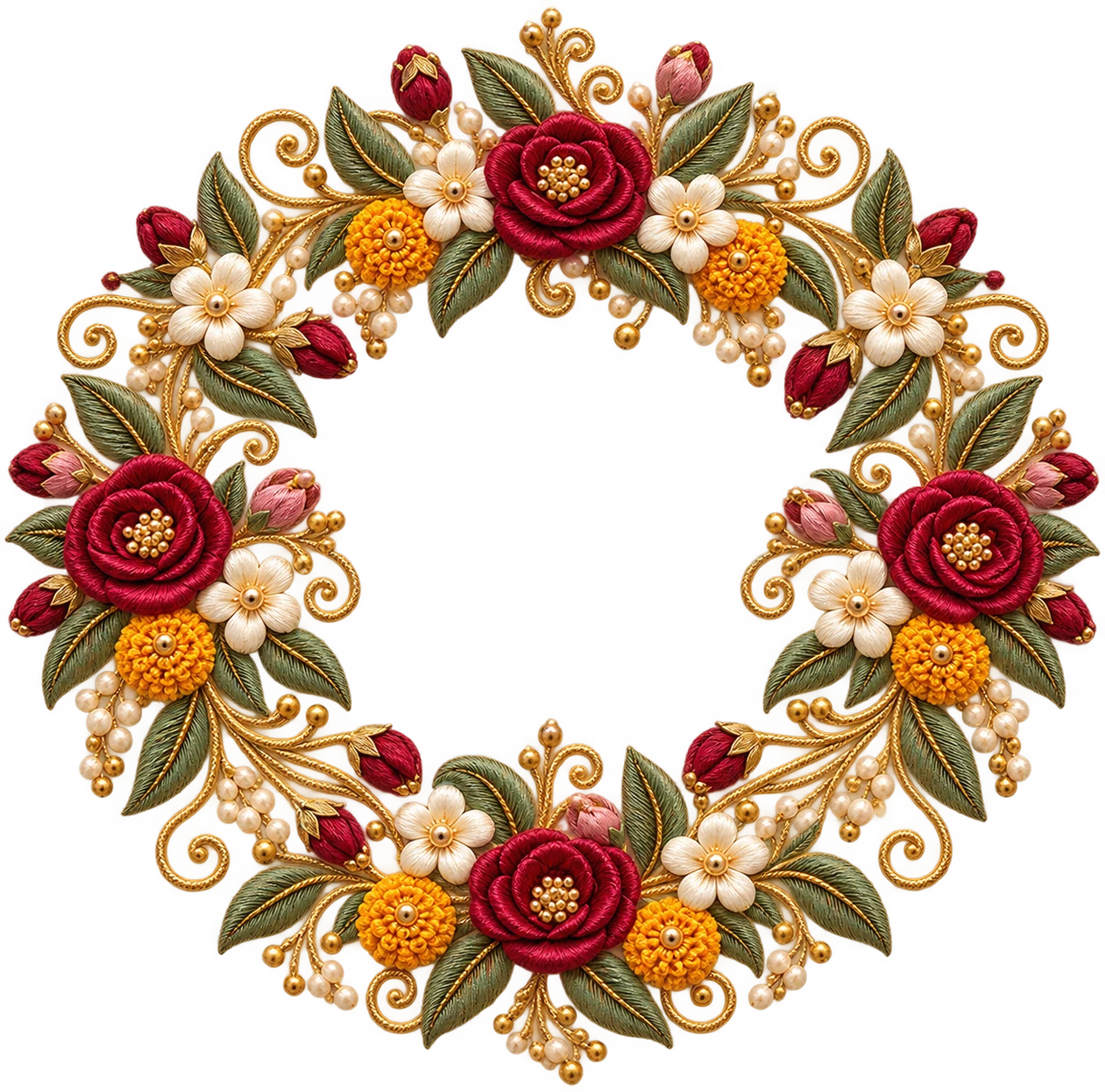 A circular maroon, ivory, and gold embroidered floral medallion
