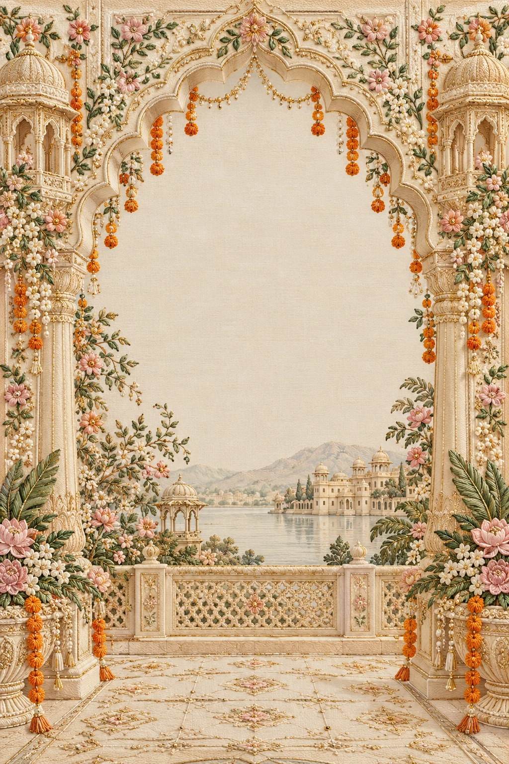 An embroidered ivory palace arch with blush flowers and marigold garlands