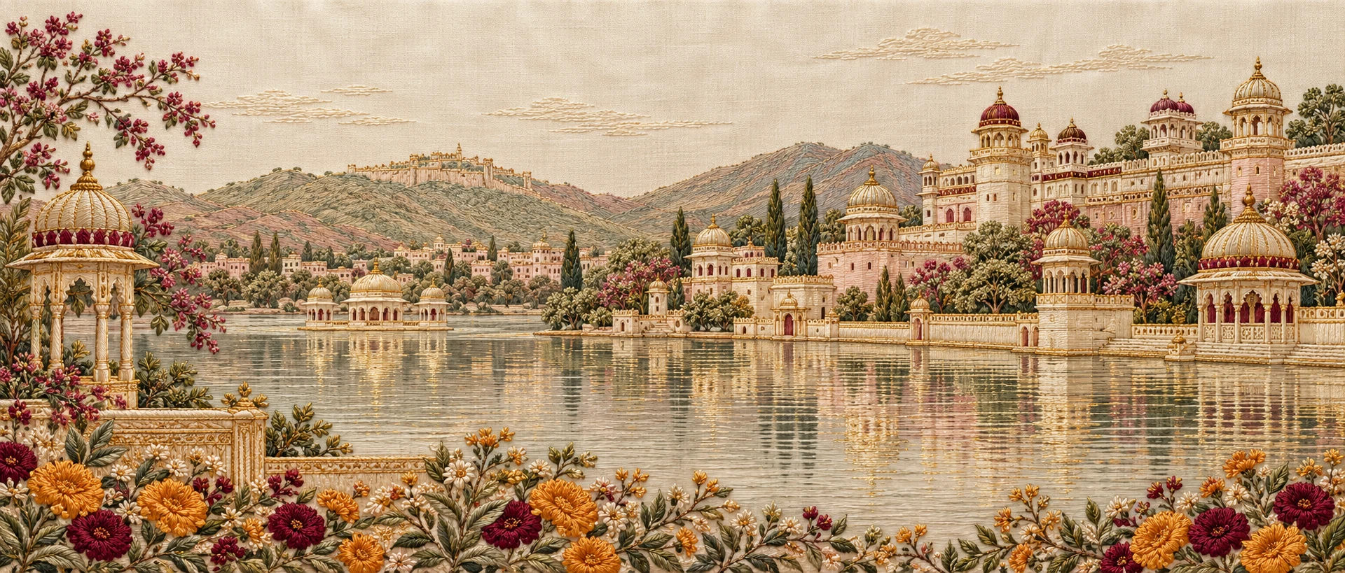 A hand-embroidered Rajasthani palace skyline reflected in a lake