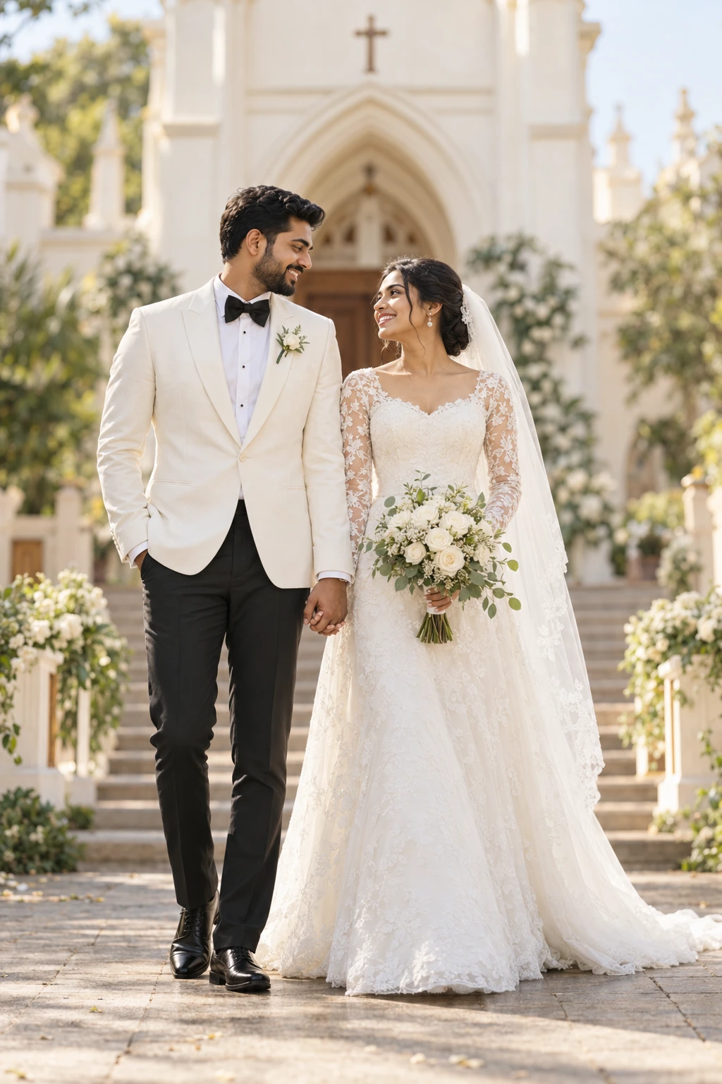An Indian bride in a white wedding gown and veil with her groom in an ivory suit outside a church